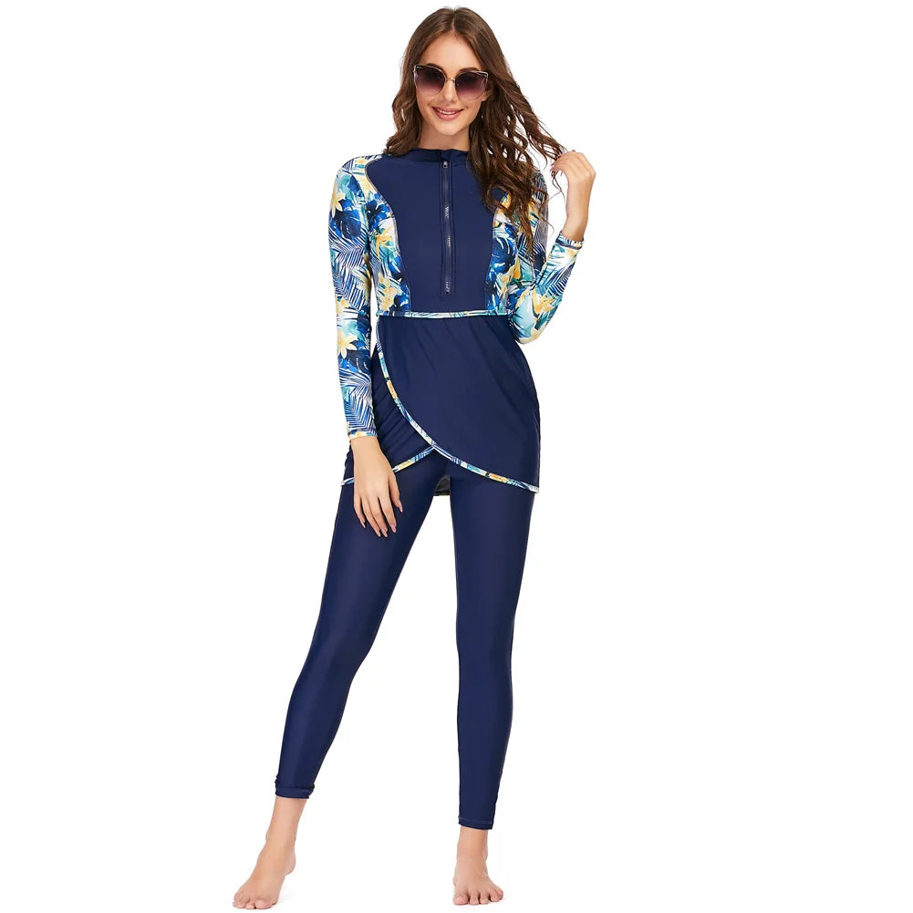 New Muslim Swimwear Women Modest Patchwork Hijab Long Sleeves Sport Swimsuit