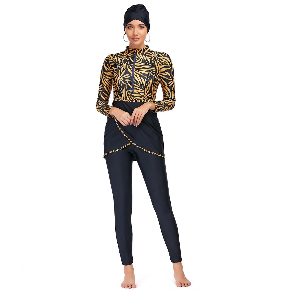 New Muslim Swimwear Women Modest Patchwork Hijab Long Sleeves Sport Swimsuit