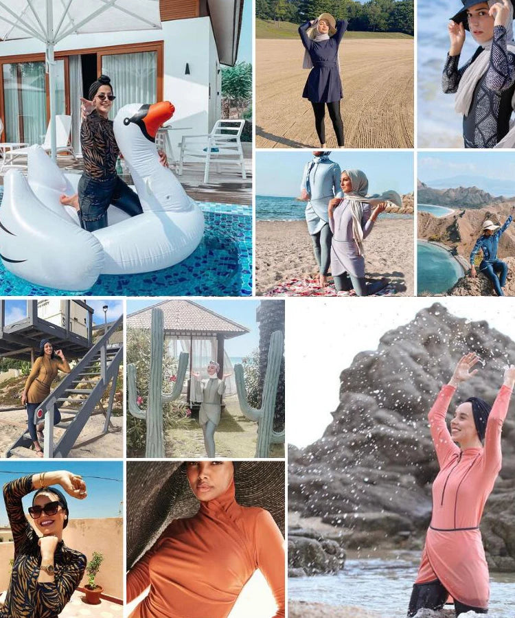 New Muslim Swimwear Women Modest Patchwork Hijab Long Sleeves Sport Swimsuit