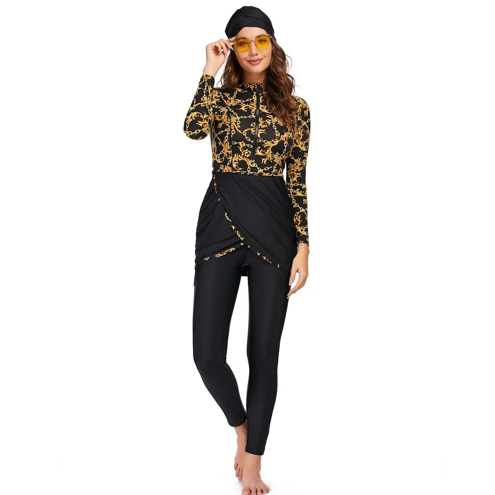 New Muslim Swimwear Women Modest Patchwork Hijab Long Sleeves Sport Swimsuit
