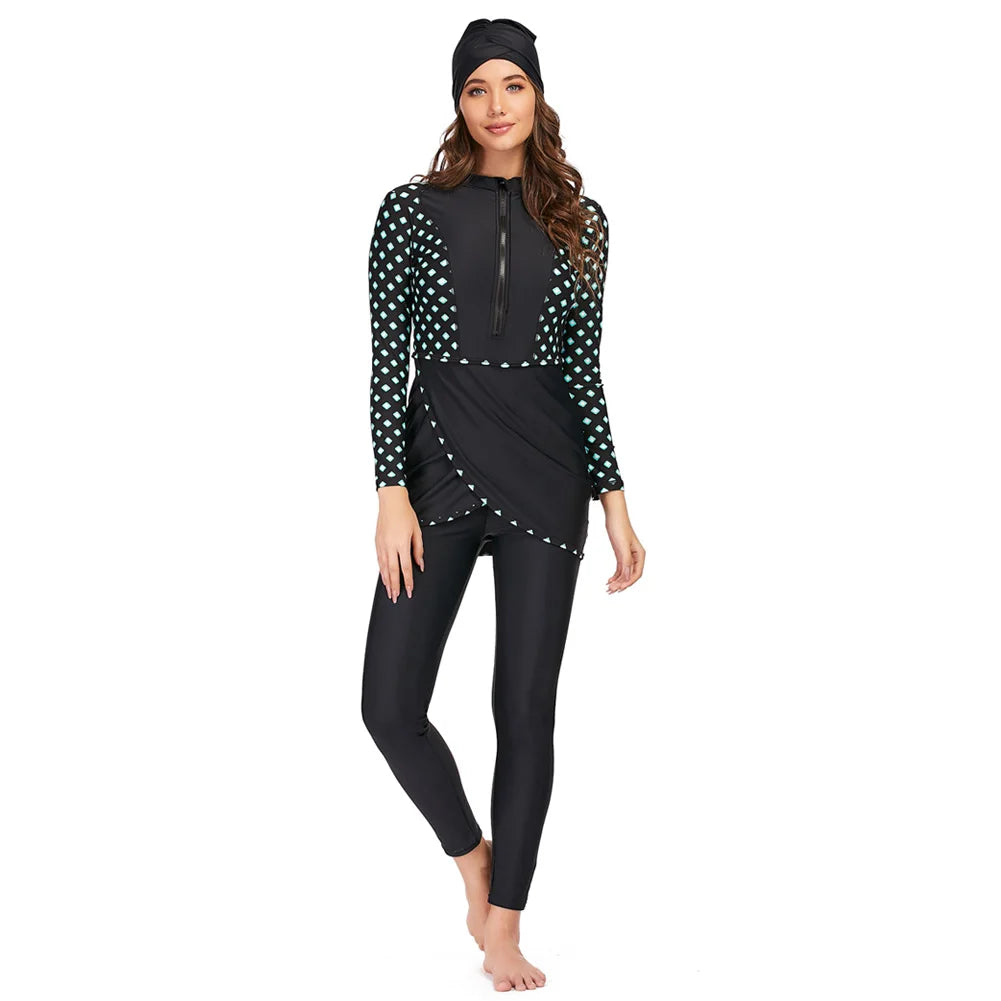 New Muslim Swimwear Women Modest Patchwork Hijab Long Sleeves Sport Swimsuit