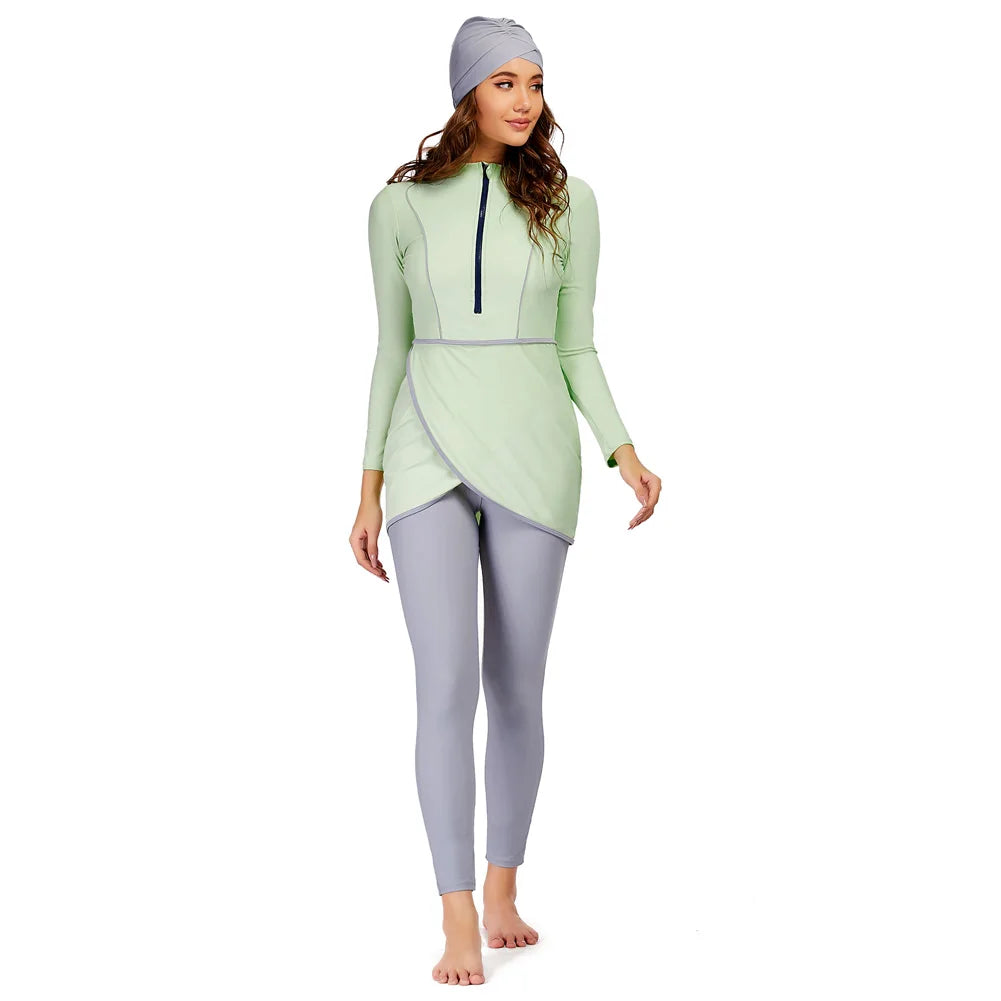 New Muslim Swimwear Women Modest Patchwork Hijab Long Sleeves Sport Swimsuit