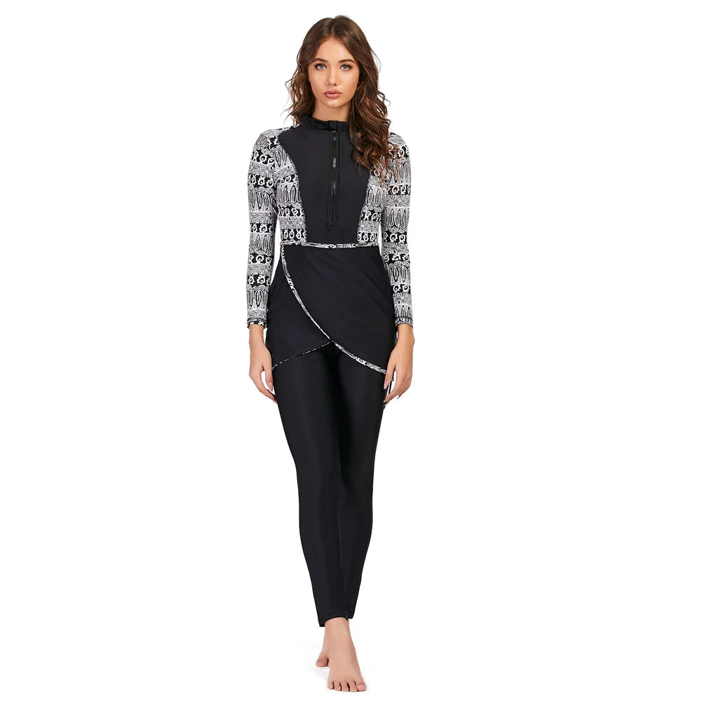 New Muslim Swimwear Women Modest Patchwork Hijab Long Sleeves Sport Swimsuit