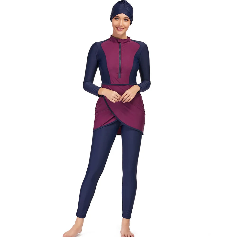 New Muslim Swimwear Women Modest Patchwork Hijab Long Sleeves Sport Swimsuit