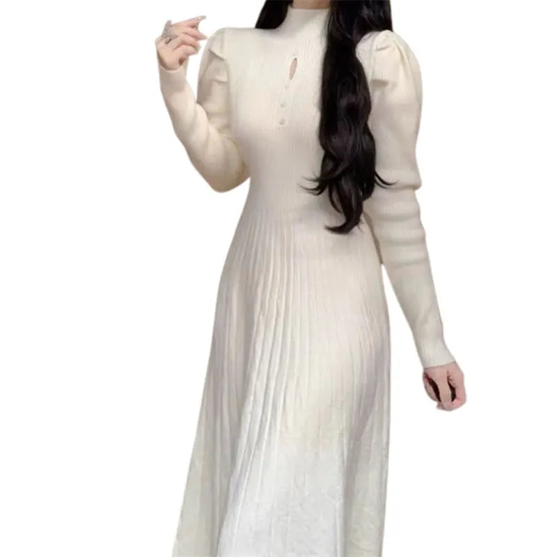 Solid Half High Collar Long Sleeve Jersey Dress