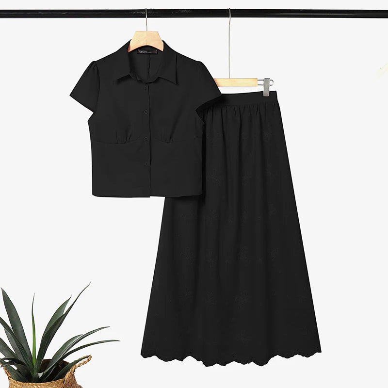 Women's Elegant Chic Skirt Sets Short Sleeve Short Shirt & Embroidered Maxi