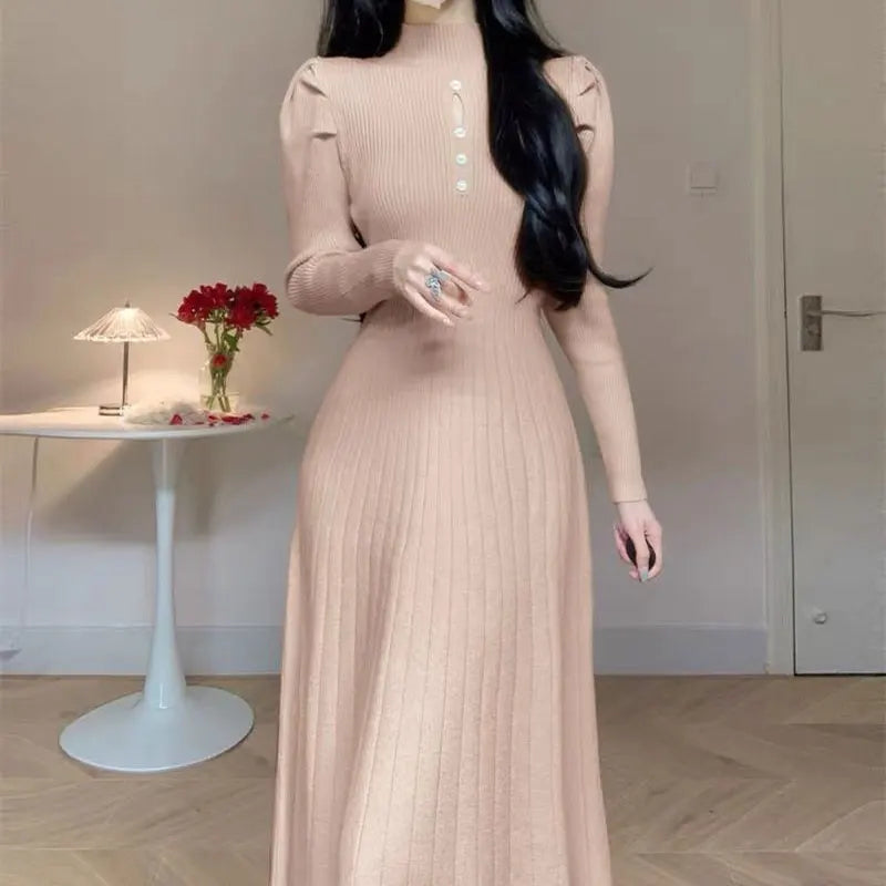 Solid Half High Collar Long Sleeve Jersey Dress