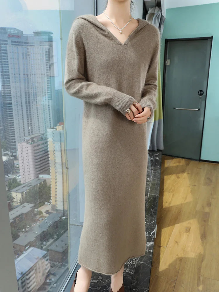100% Pure Mink Cashmere Knitted Hooded Collar Dress
