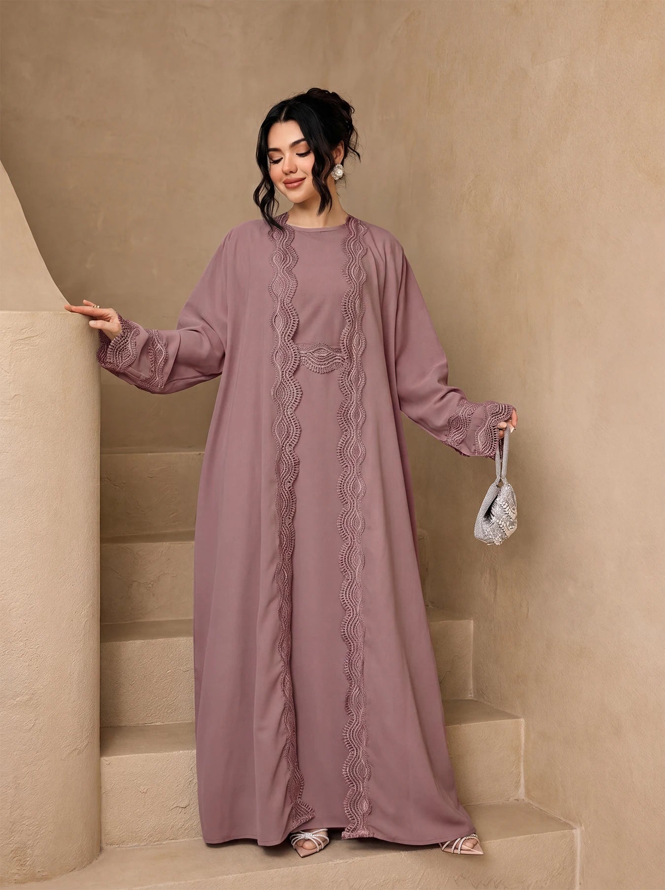 3-Piece Lace Trim Open Abaya Set – Modest Dress with Hijab & Belt
