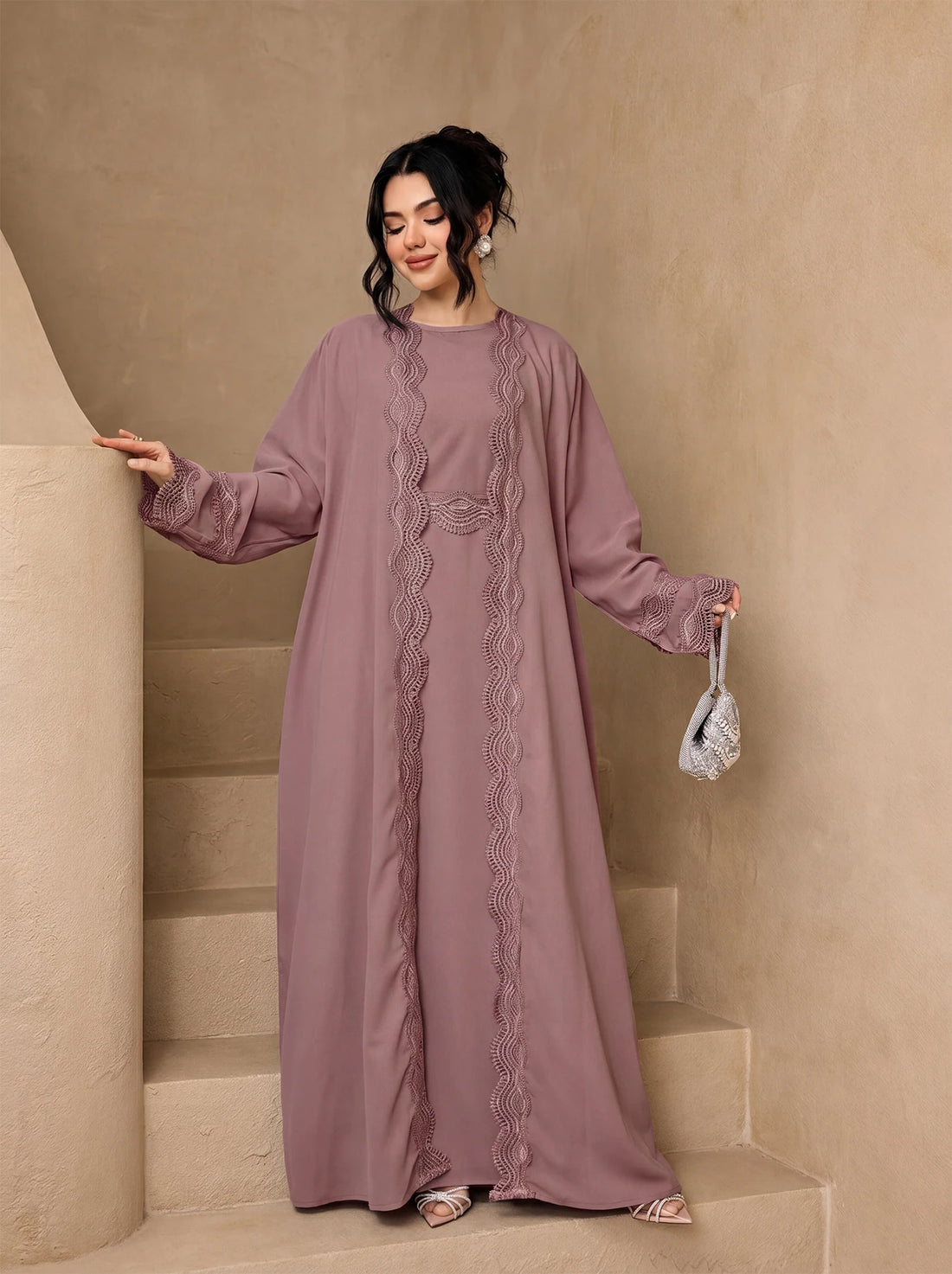 3-Piece Lace Trim Open Abaya Set – Modest Dress with Hijab & Belt