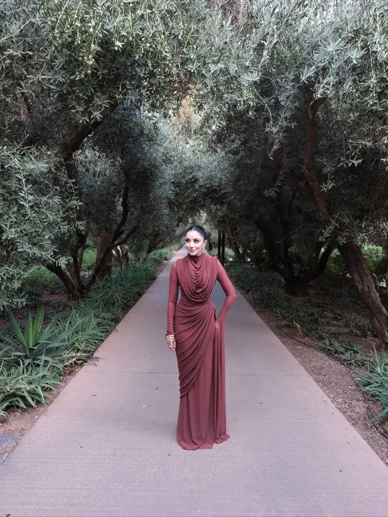 Solid Draped Neckline Long Dress