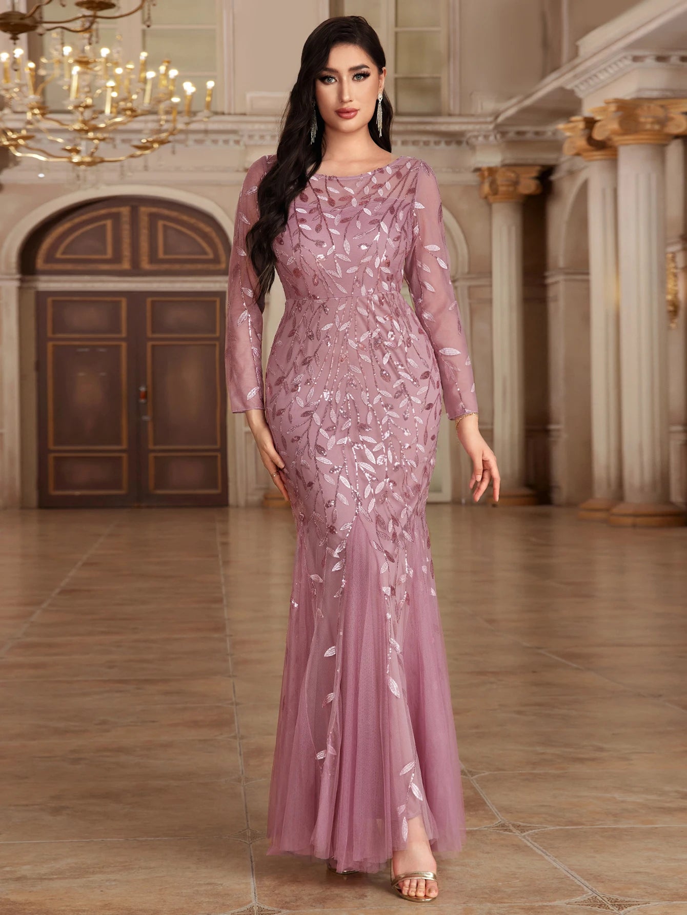 Elegant Mermaid Tulle Evening Gown – Long Sleeve Floral Embroidered Dress