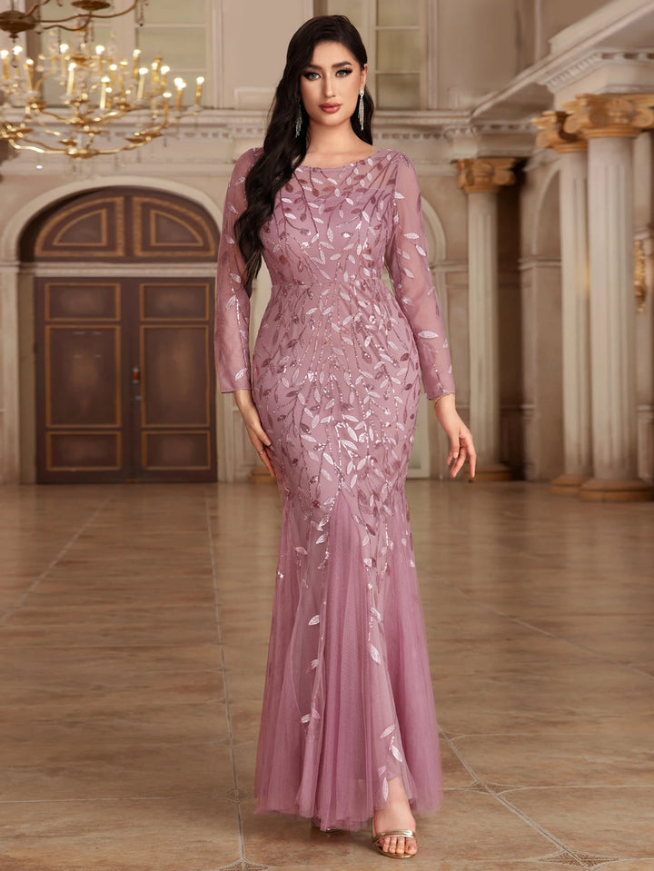 Elegant Mermaid Tulle Evening Gown – Long Sleeve Floral Embroidered Dress