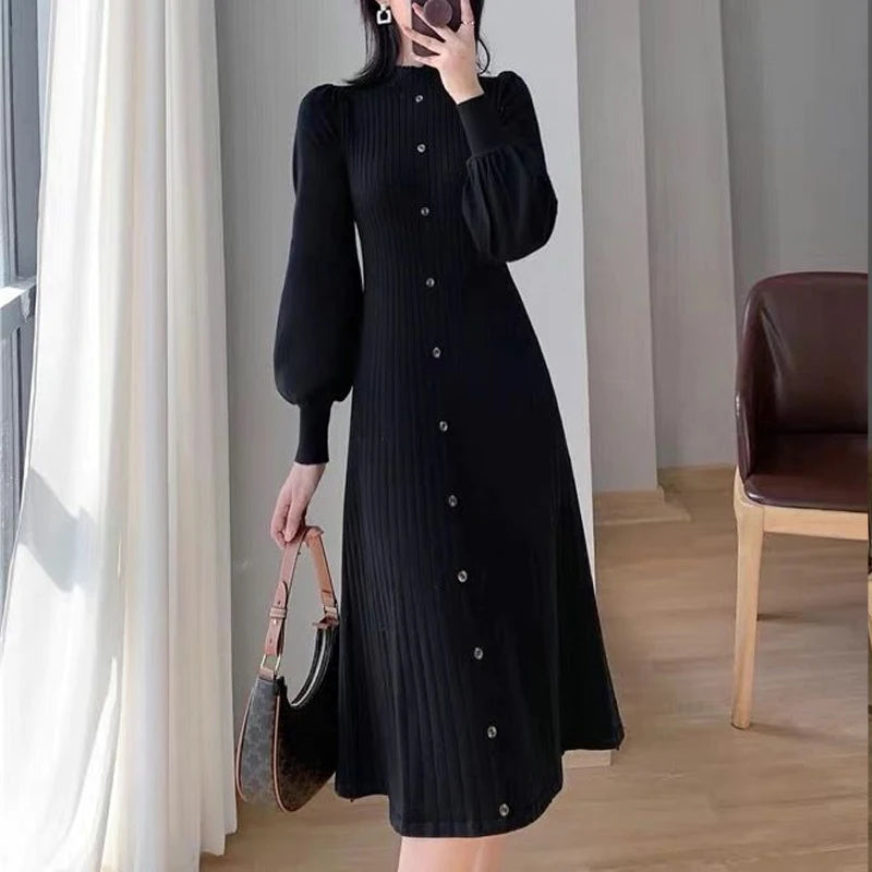 Spring Autumn Solid Color Midi Dress