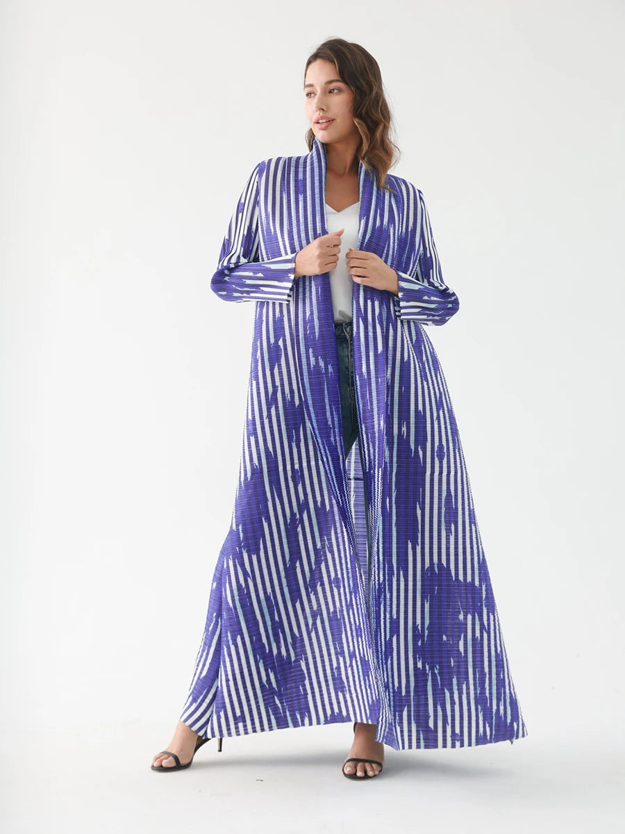 Miyake Pleated Abaya Coat – Vintage Print Designer Jacket