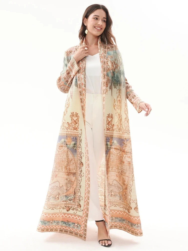 Miyake Pleated Abaya Coat – Vintage Print Designer Jacket