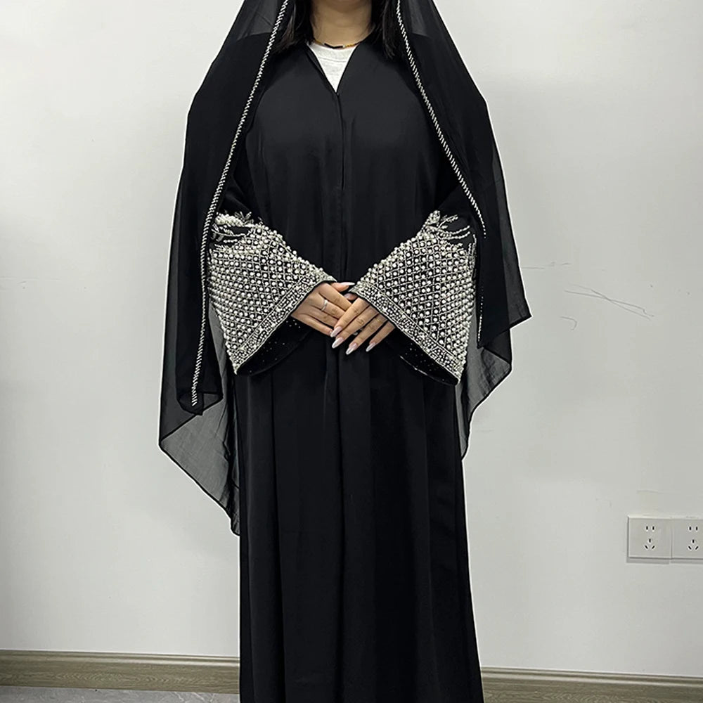 Luxury Black Abaya – Rhinestone & Bead Embroidery