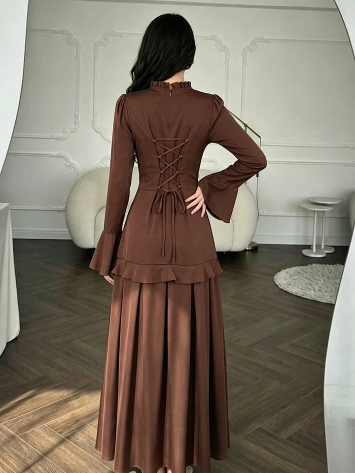 Fall 2026 New Arrivals: Women's Satin Fitted-Waist Bell-Sleeve Maxi Dress—