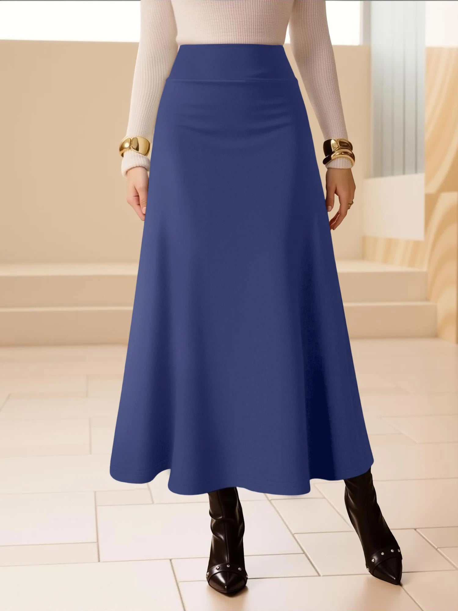 Women's High Waist Midi Skirt A-Line Flowy Style Breathable Fabric