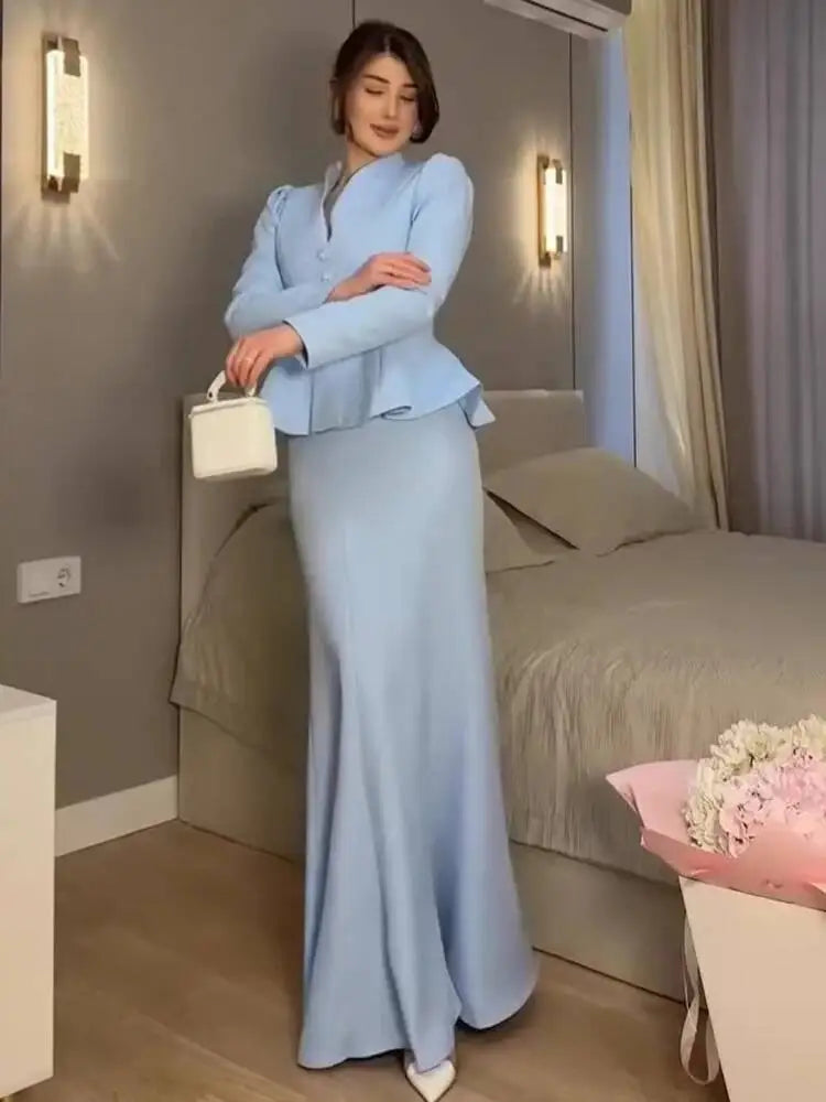 Autumn New Stand Up Collar Long Sleeve Waist Tight Women's Fashion Two Piece Set