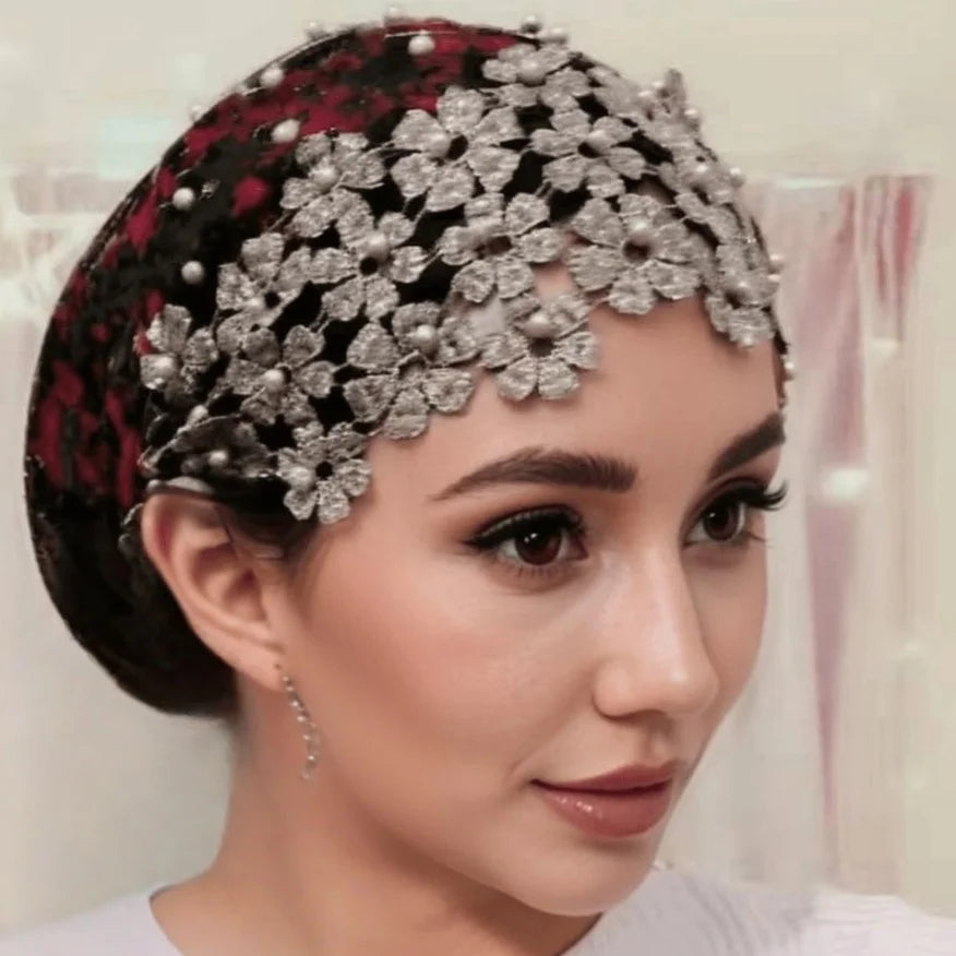 Elegant Floral Beaded Turban Hijab – Soft Stretch Head Wrap