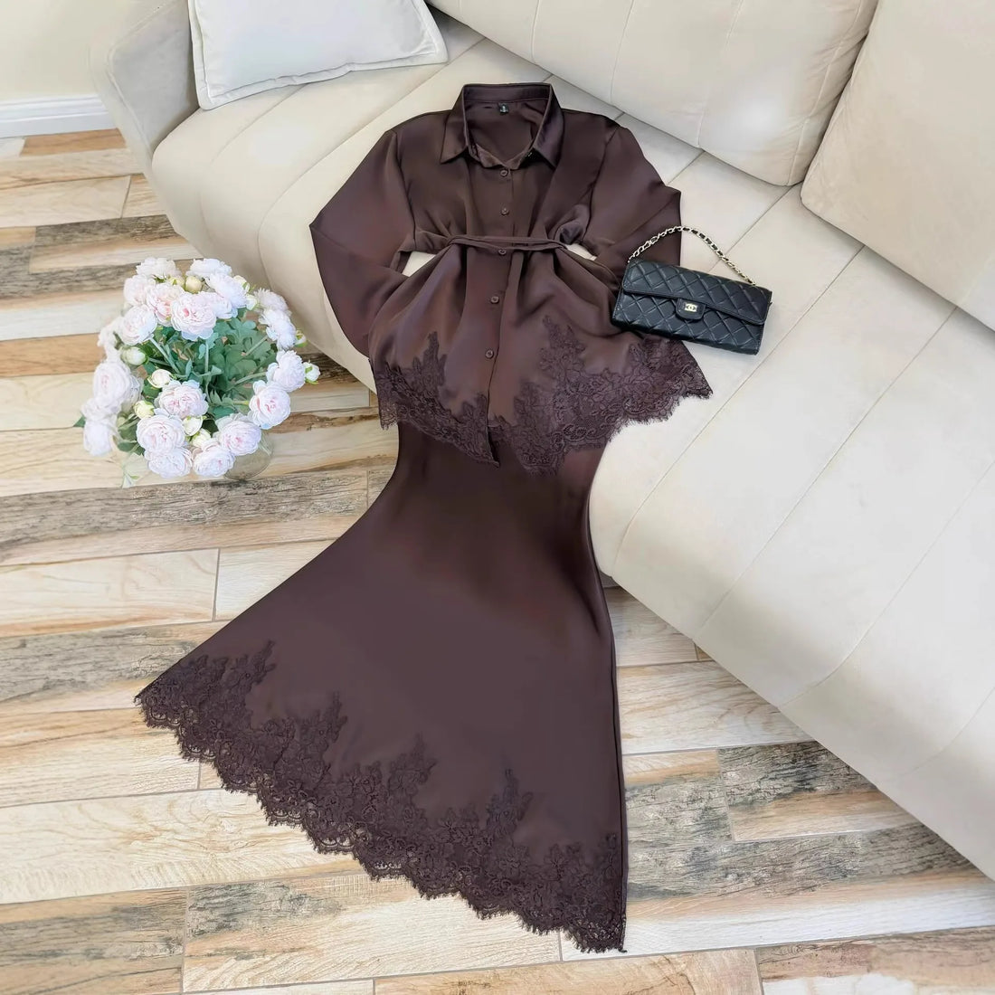 Women Two Piece Sets Skirt Set Turn Down Collar Lace Streetwear