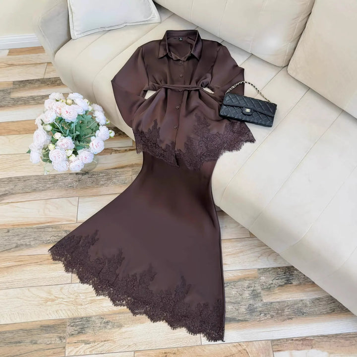 Women Two Piece Sets Skirt Set Turn Down Collar Lace Streetwear
