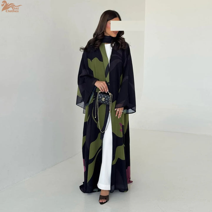 Dubai Floral Print Open Abaya – Long Sleeve Kaftan with Hijab