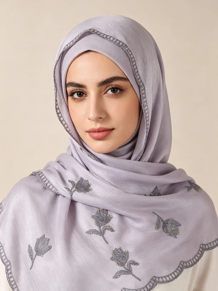 90×90cm Floral Embroidery Chiffon Hijab – Lightweight Shimmer Scarf