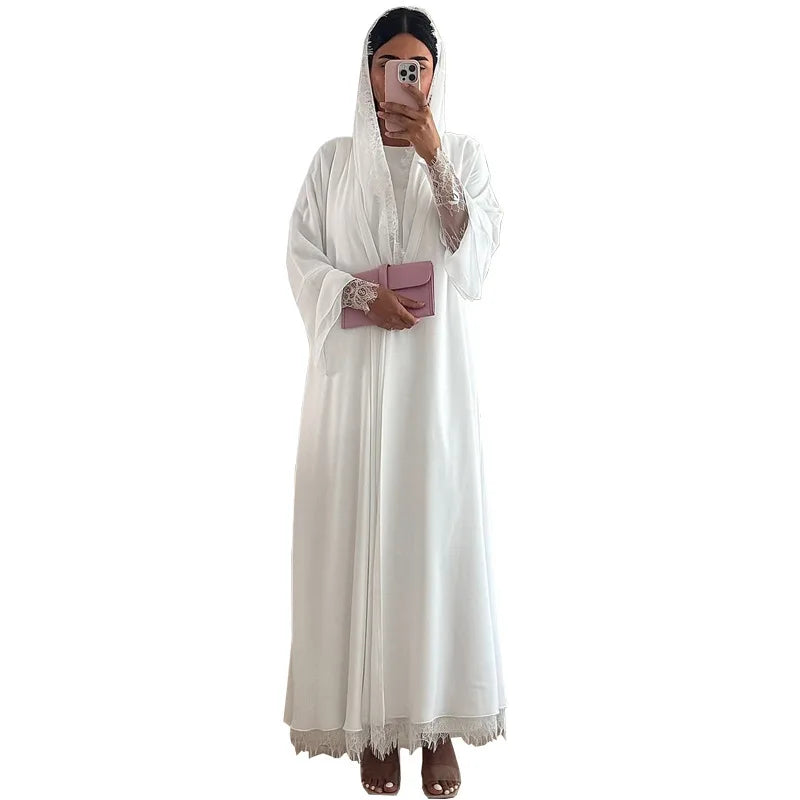White Chiffon Abaya Set – Lace Sleeve & Hijab Included