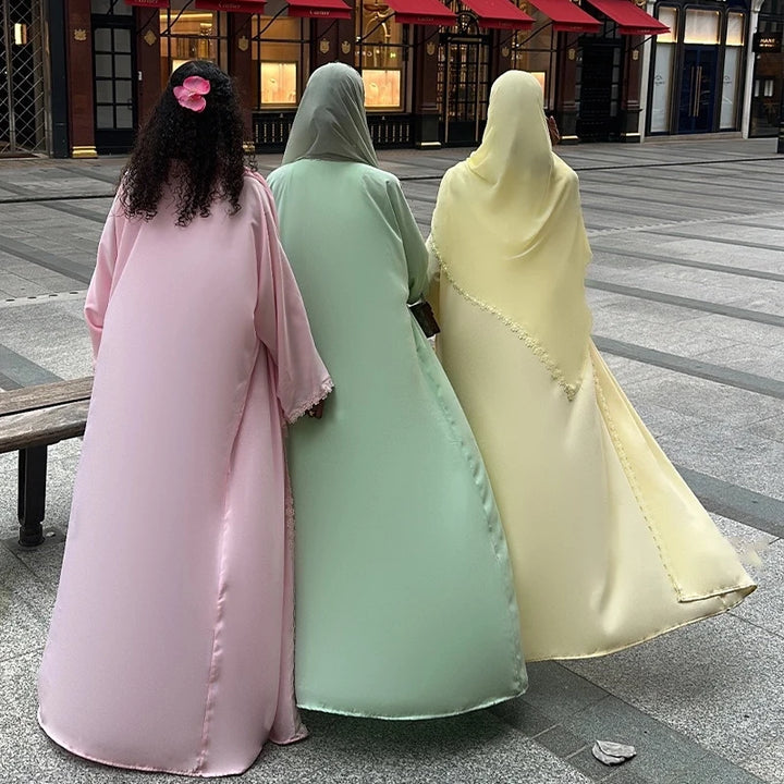 Eid Women Abaya Hijab Set Lace Dress Jalabiya Ramadan Party Dresses
