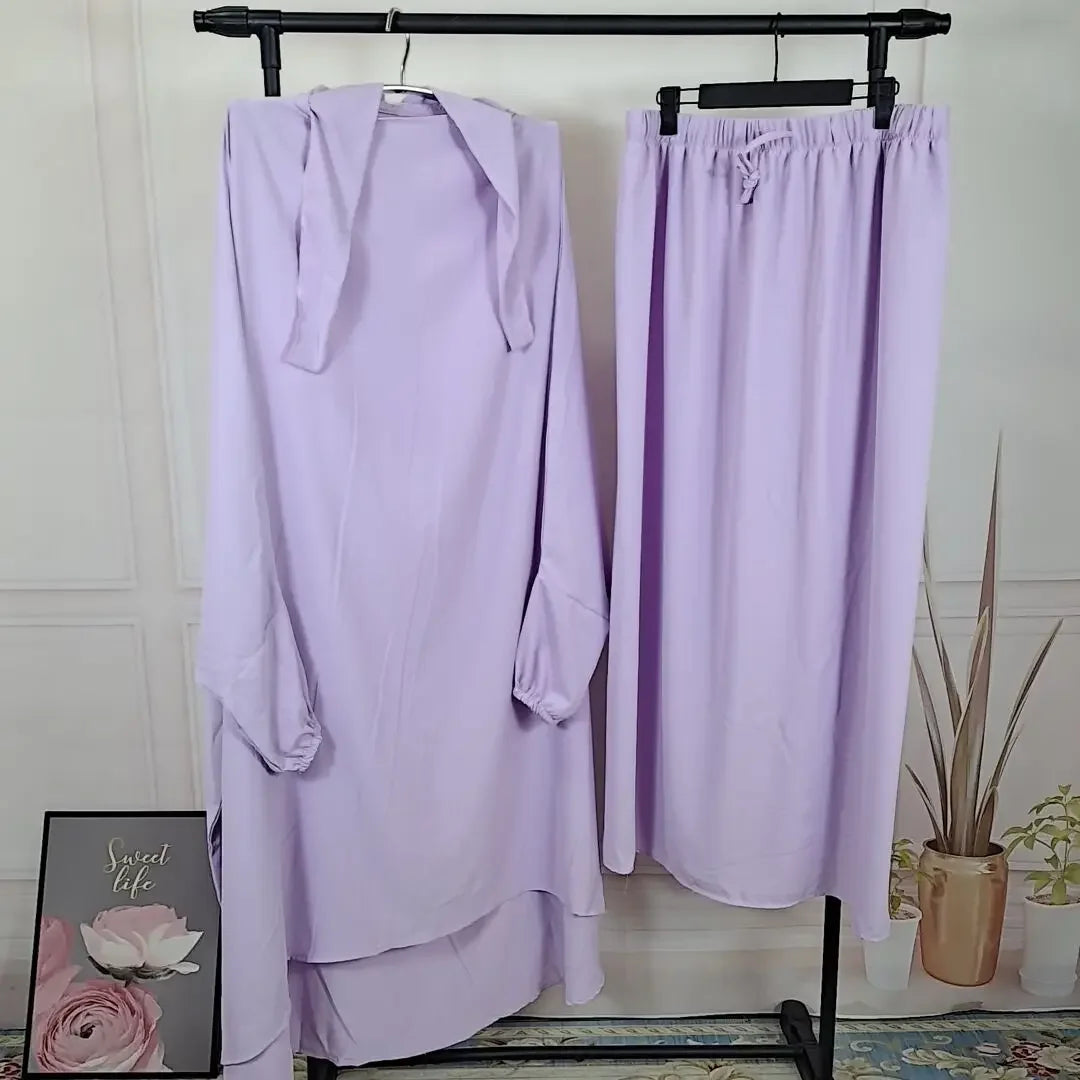 Ramadan 2 Piece Long Khimar with Skirt Set Abaya Muslim Women