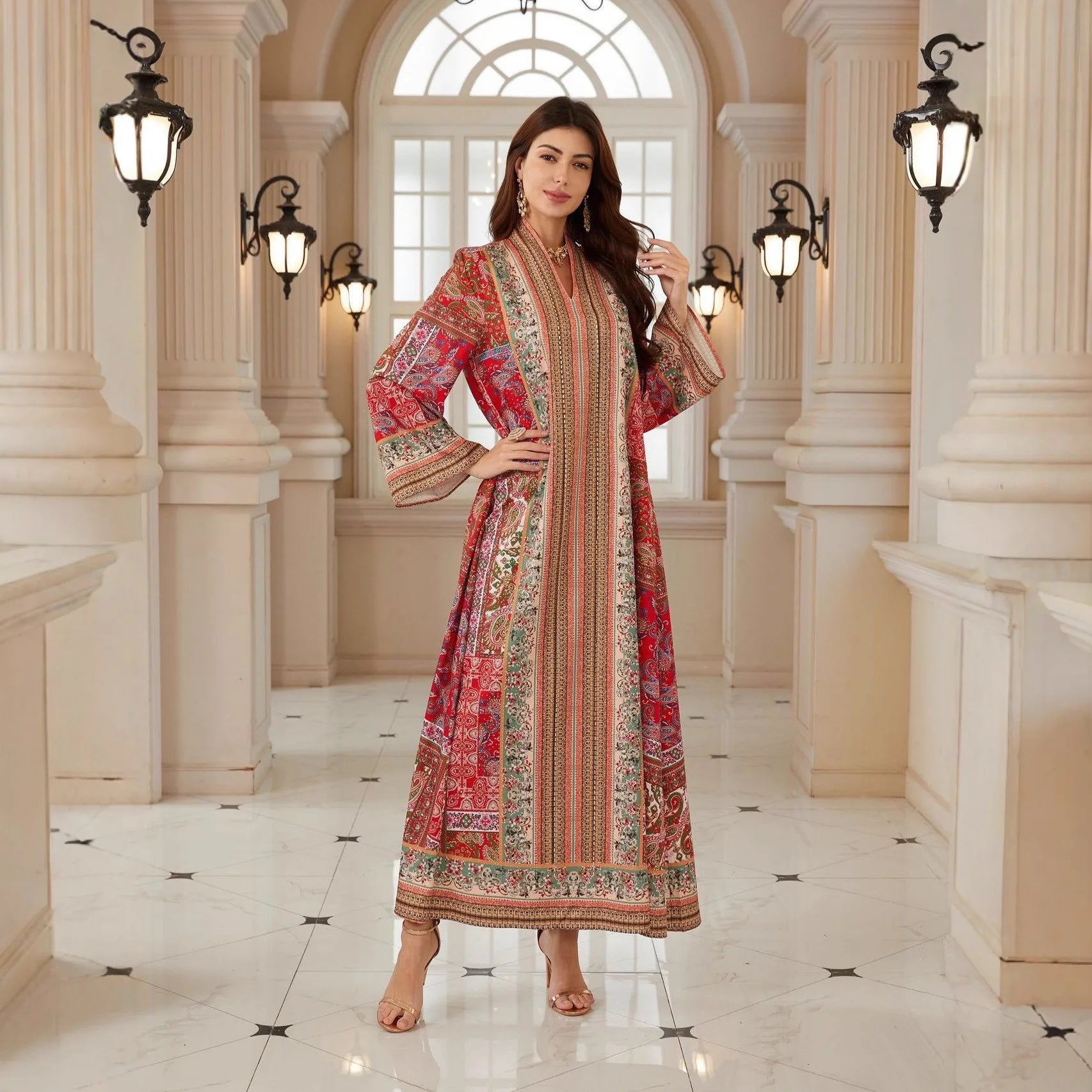 Elegant Paisley Rhinestone Kaftan Abaya – V-Neck Modest Maxi Dress