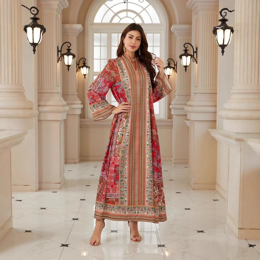 Elegant Paisley Rhinestone Kaftan Abaya – V-Neck Modest Maxi Dress