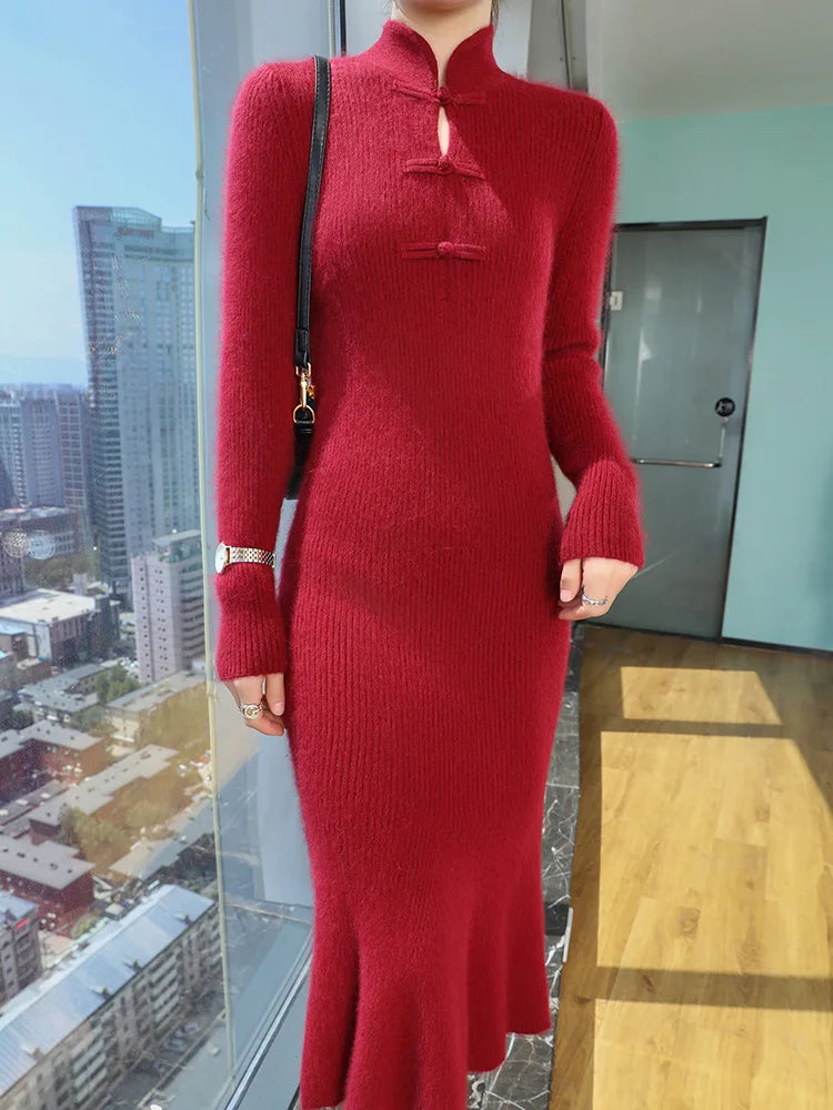 100% Mink Cashmere Knitted Thick Sweater Dress