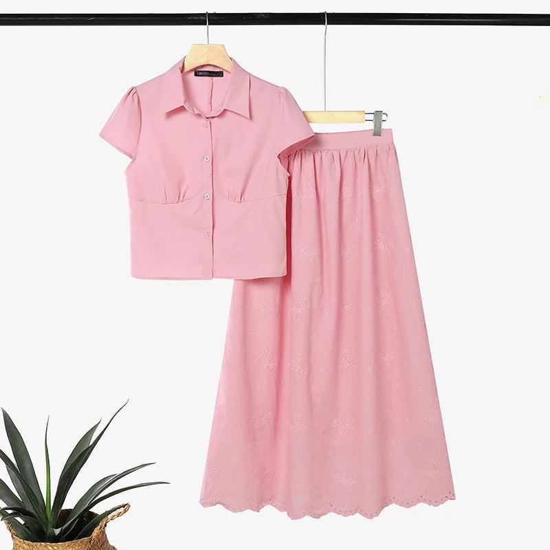 Women's Elegant Chic Skirt Sets Short Sleeve Short Shirt & Embroidered Maxi