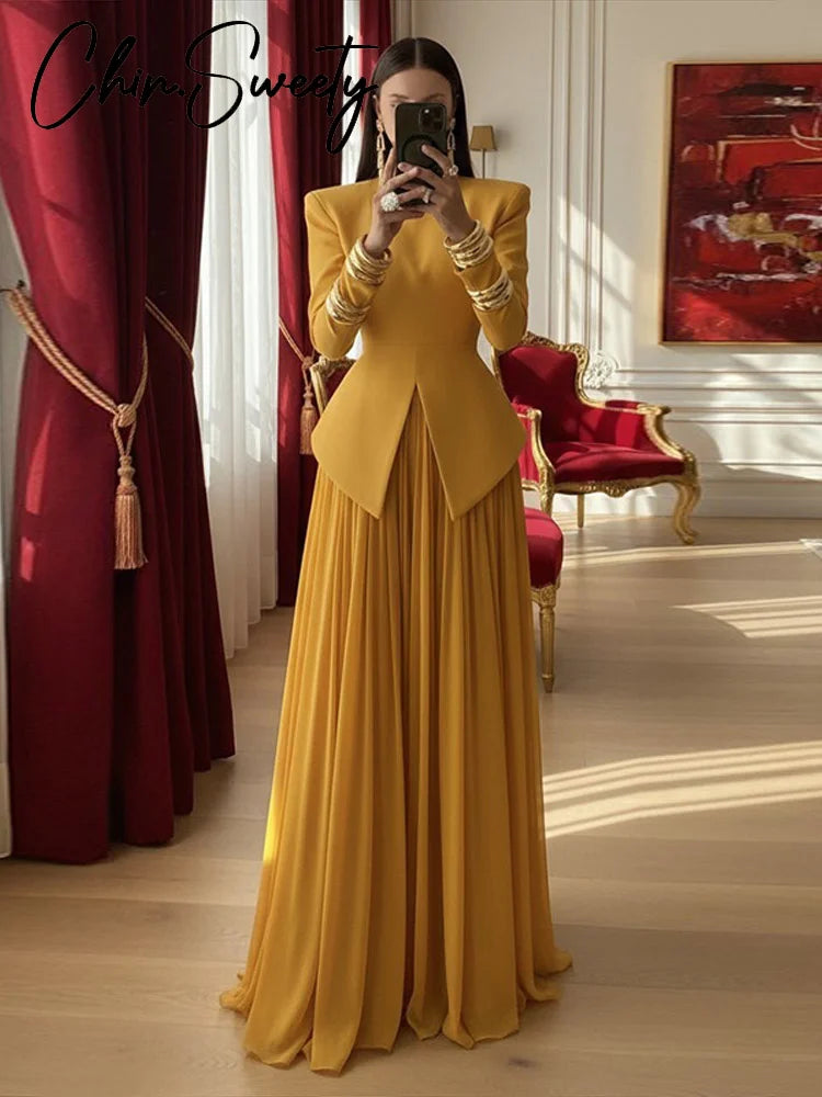 Elegant Solid Women's Blazer Skirts Suit Split Coats Chiffon Skirt Lady  2 Pieces Set