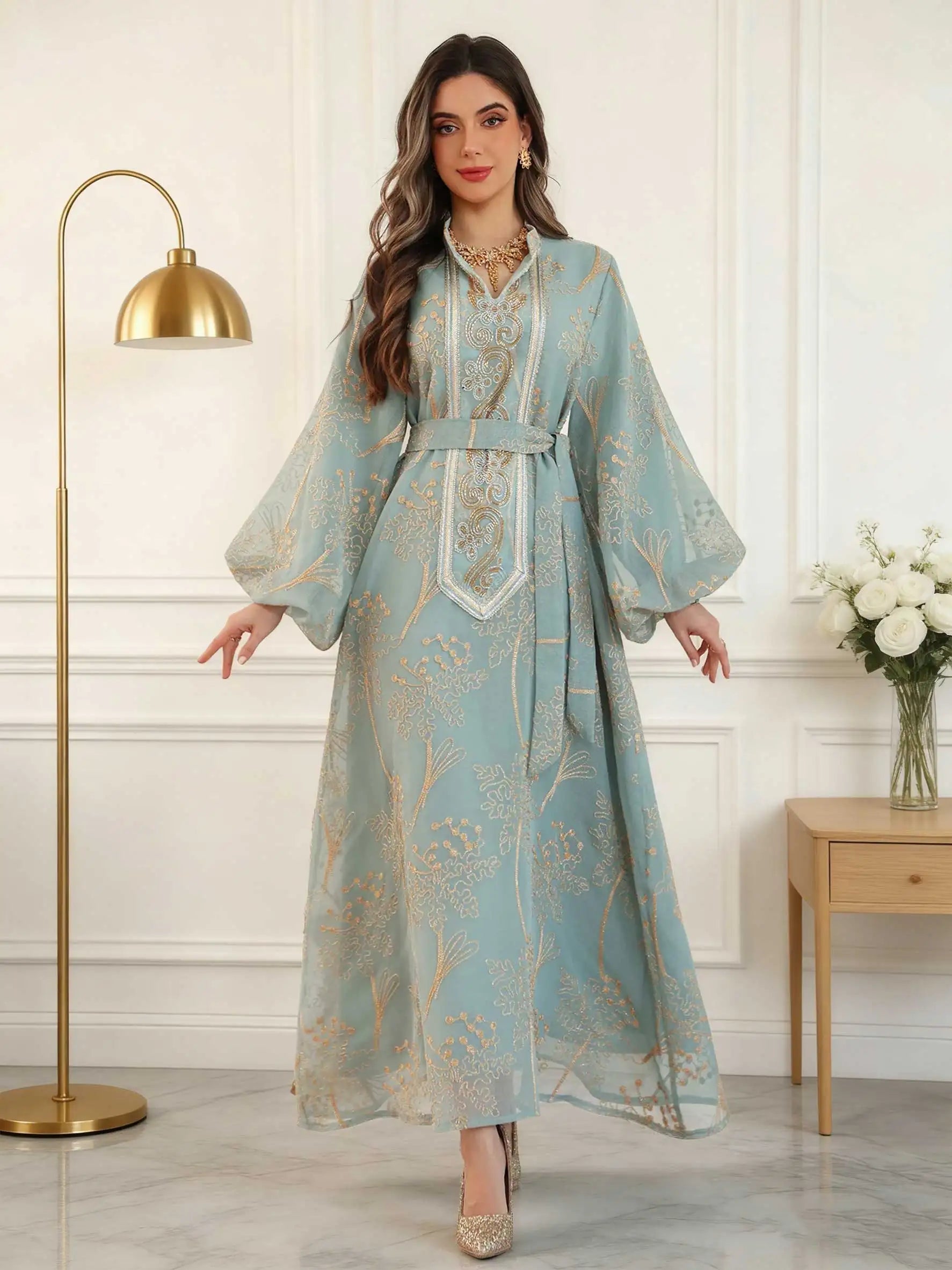 Floral Gold Embroidery Abaya – Casual Ramadan Dress