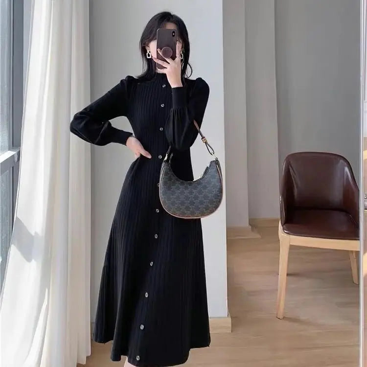 Spring Autumn Solid Color Midi Dress