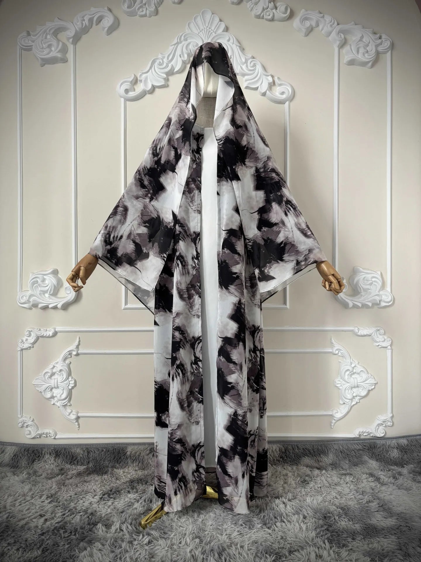 Ink Wash Print Open Abaya – Hijab Cardigan Robe