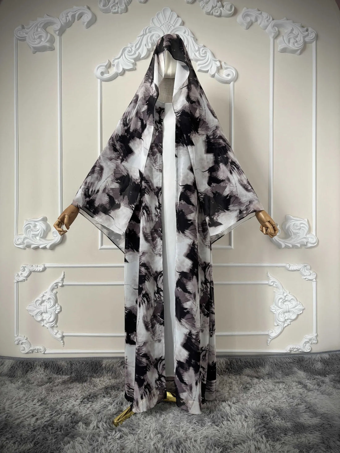 Ink Wash Print Open Abaya – Hijab Cardigan Robe