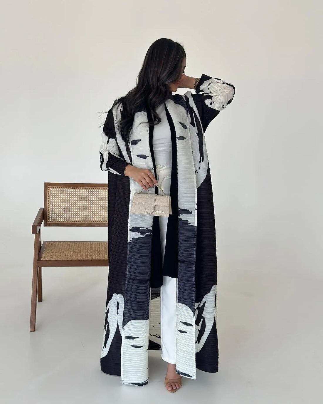 Miyake Pleated Abaya Coat – Vintage Print Designer Jacket