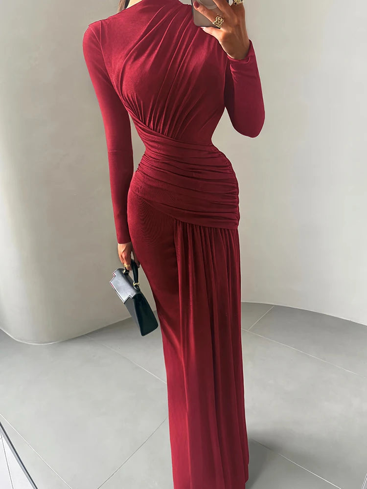 Maxi Dress Women O-Neck Full Sleeve Solid Banquet Elegant Vacation Fashion