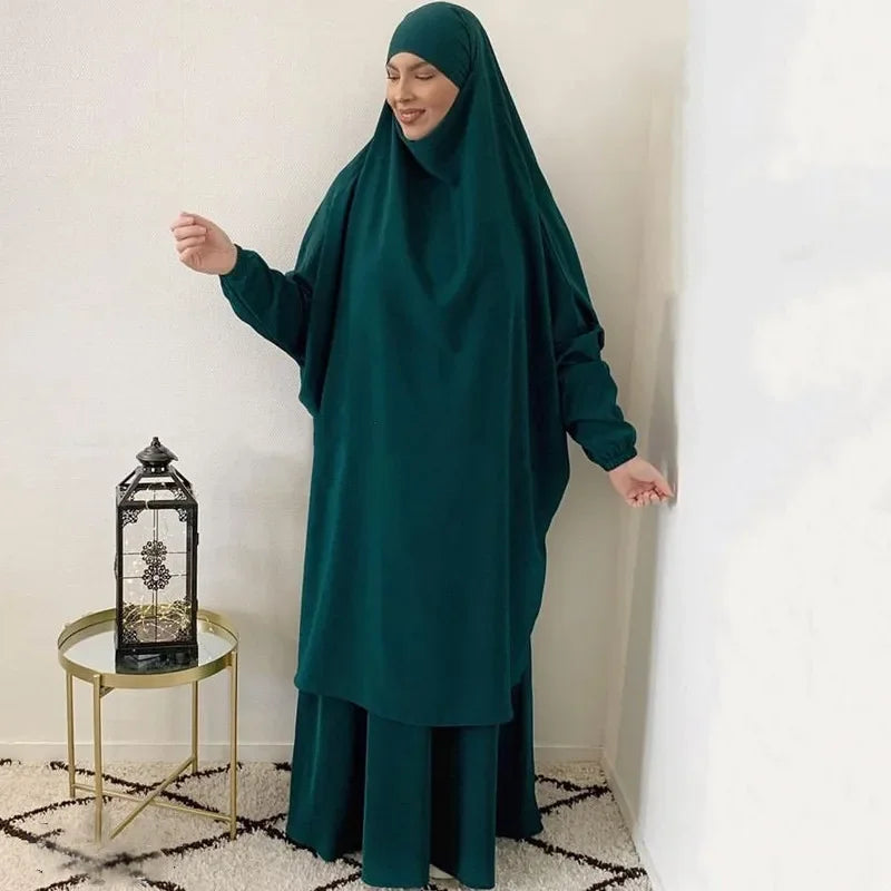 Ramadan 2 Piece Long Khimar with Skirt Set Abaya Muslim Women
