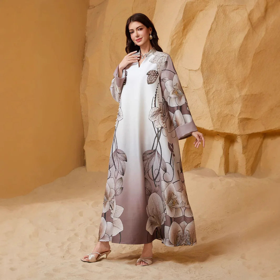 Saudi Luxury Nail Bead Diamond Robe – V-Neck Flip Sleeve Dress