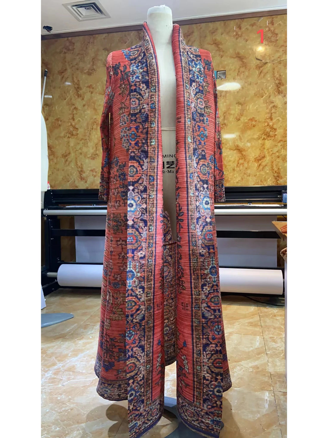 Miyake Pleated Abaya Coat – Vintage Print Designer Jacket
