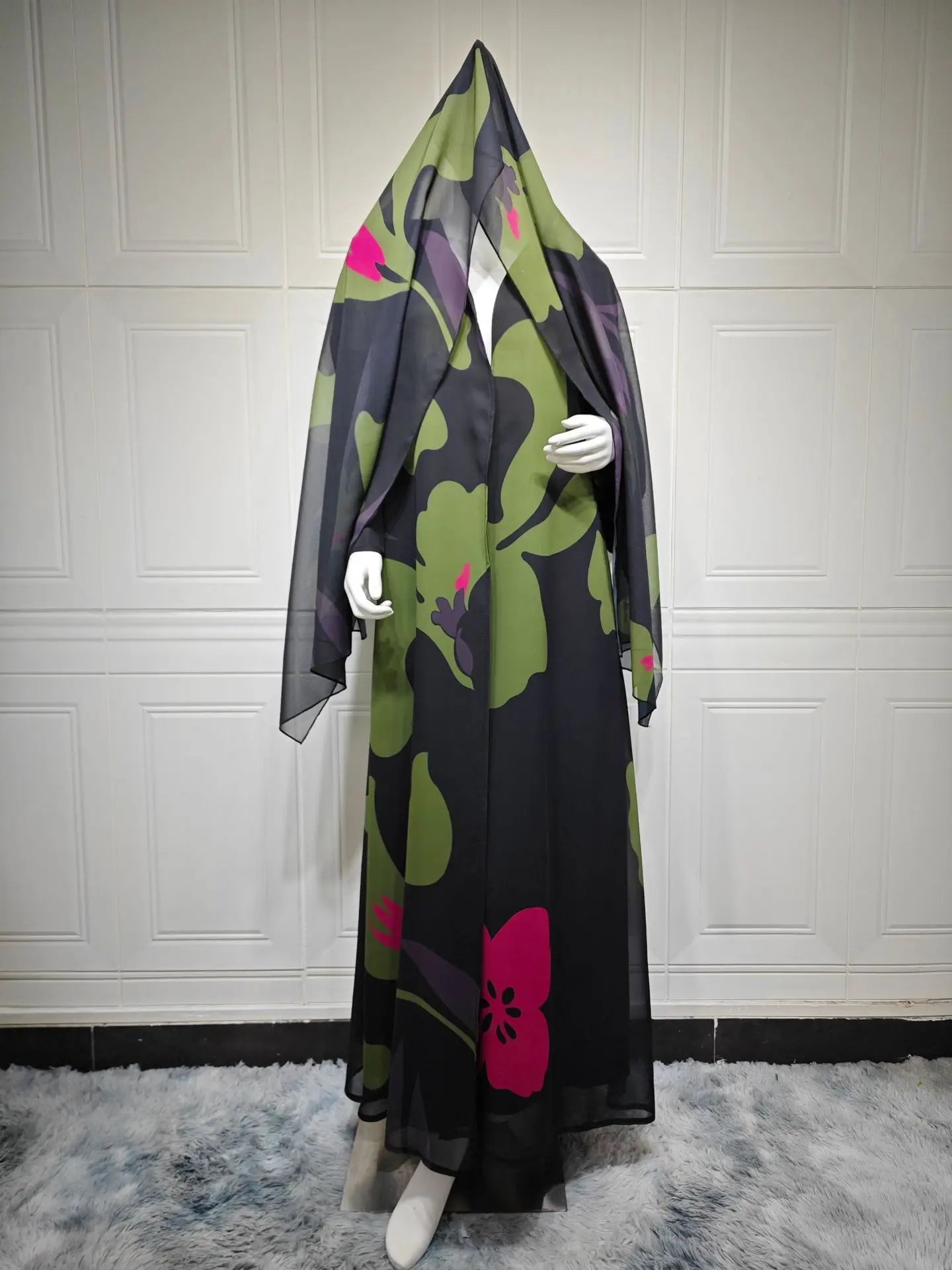 Dubai Floral Print Open Abaya – Long Sleeve Kaftan with Hijab