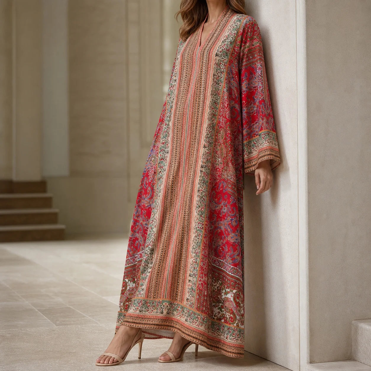 Elegant Paisley Rhinestone Kaftan Abaya – V-Neck Modest Maxi Dress