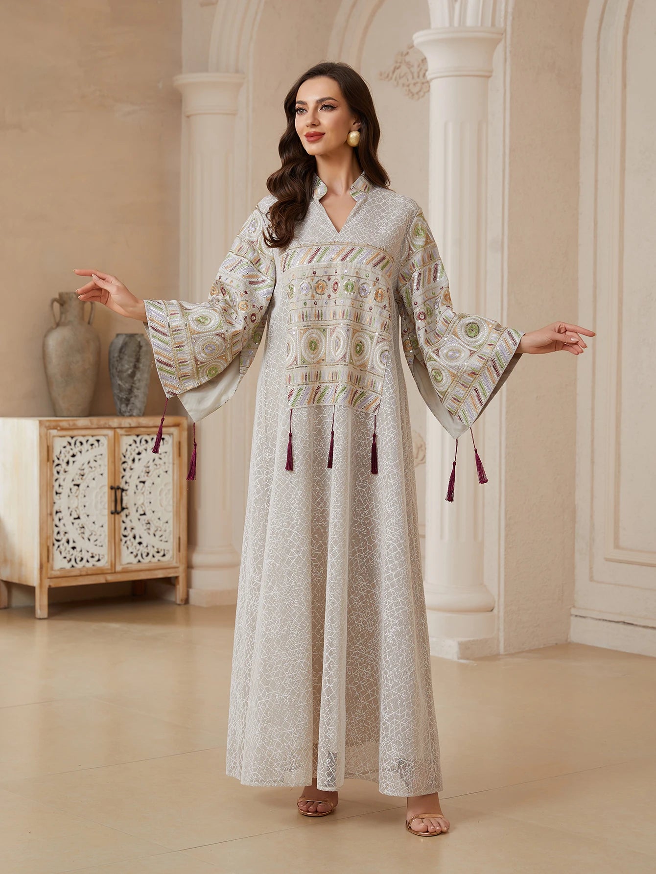 Mesh Sequin Embroidery Caftan – Stand Collar Elegant Dress