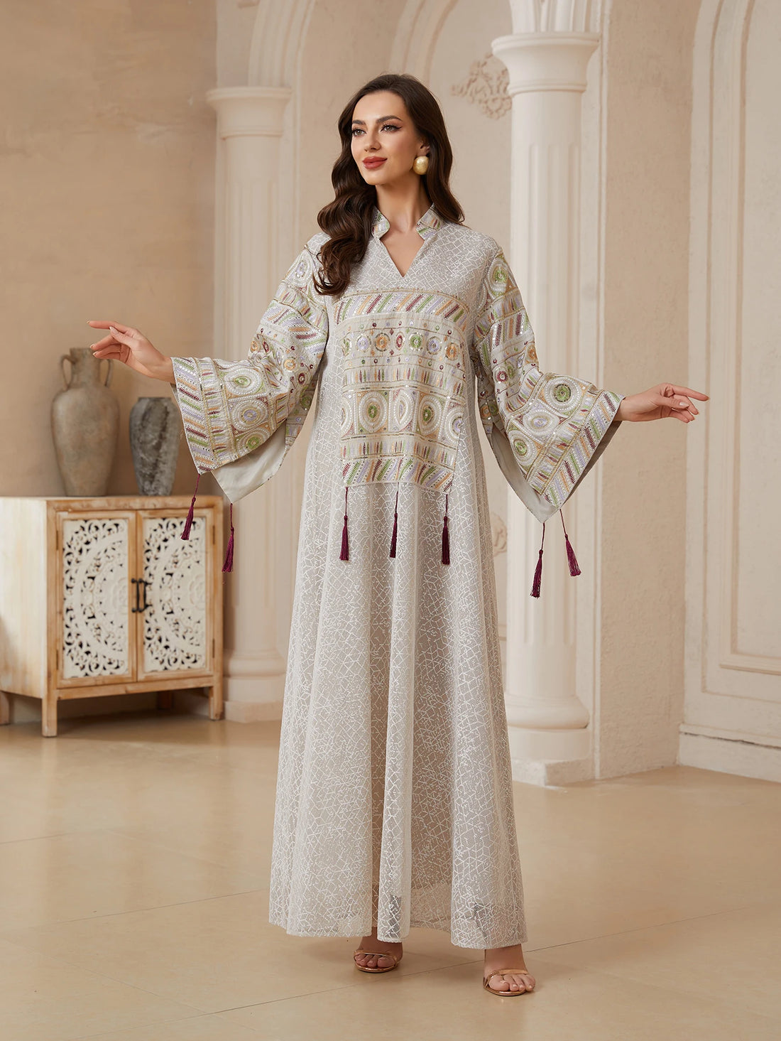 Mesh Sequin Embroidery Caftan – Stand Collar Elegant Dress